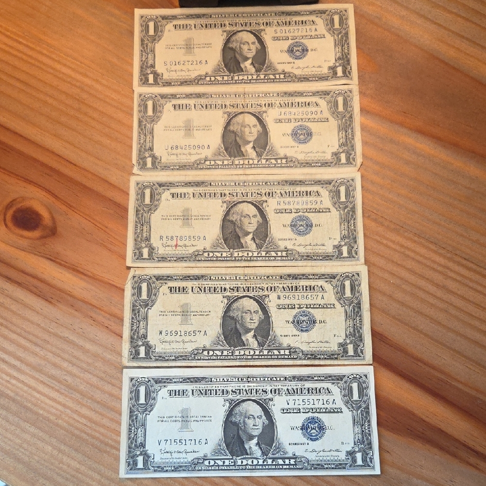 (5) Series 1957 B Vintage One Dollar Silver Certificates